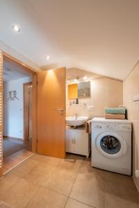 uma casa de banho com uma máquina de lavar roupa e um lavatório em Weissnhof em Samerberg