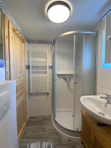 a bathroom with a shower and a sink at Kuestenkind in Lobbe