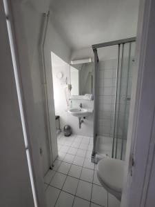 a bathroom with a shower and a toilet and a sink at Nydeck in Bern