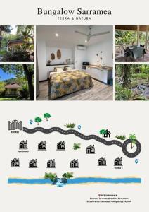 a collage of pictures of a bedroom and a bed at Bungalow Natura - Sarramea in Sarraméa