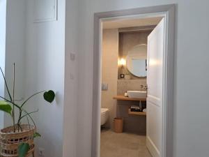 a bathroom with a sink and a toilet and a mirror at House Mvsevm 4* in Vis +36 photos