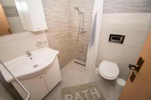 a bathroom with a toilet and a sink and a shower at Apartments Kristina in Donji Karin +50 photos