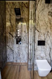 La salle de bains est pourvue d'une douche, de toilettes et d'un téléphone. dans l'établissement Apartamenty TRIO, à Muszyna