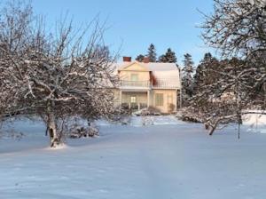 una casa en la nieve con árboles en el primer plano en Hus i Edane, en Edane