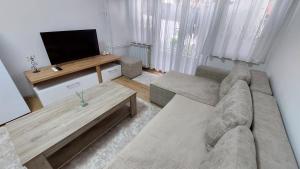 Il comprend un salon doté d'un canapé et d'une télévision à écran plat. dans l'établissement HOPE Apartment, à Vodno