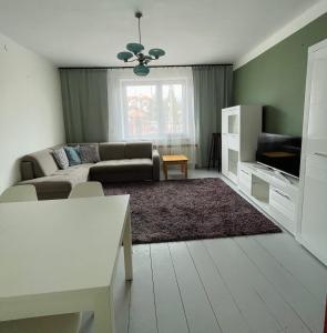 a living room with a couch and a tv at Traditional White House with private garden and free parking in Tomaszów Mazowiecki