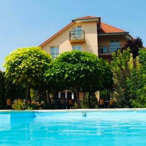 a house with a swimming pool in front of a house at Penzión Pulse in Podhájska