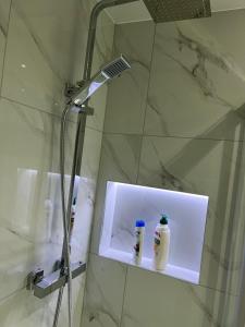 a bathroom with a shower with two bottles on a shelf at Beautiful maisonette in Leeds