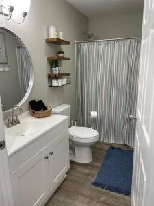 La salle de bains est pourvue de toilettes, d'un lavabo et d'un miroir. dans l'établissement Cottages of Pickwick, à Counce