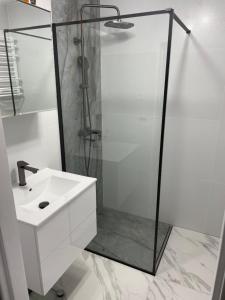 ein Bad mit einer Dusche und einem Waschbecken in der Unterkunft Apartament Czeladź 60m2 Centrum Katowic 10km in Czeladź