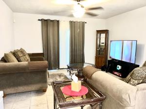ein Wohnzimmer mit einem Sofa und einem TV in der Unterkunft Cozy and Convenient! in Port Arthur