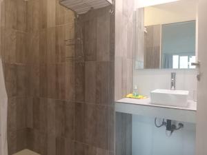 y baño con ducha, lavabo y espejo. en Casa Tierra Verde Oliva en Luján de Cuyo