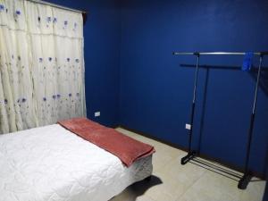 a bedroom with a bed and a blue wall at Mini casa, Vara Blanca in Heredia