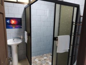 a bathroom with a sink and a shower at Mini casa, Vara Blanca in Heredia