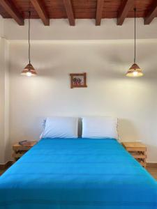 - une chambre avec un lit bleu et deux lampes dans l'établissement Rustica House frente al lago - Ayampe, à Ayampe