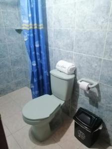 a bathroom with a toilet and a blue shower curtain at Casa de campo Jardín in Jardin