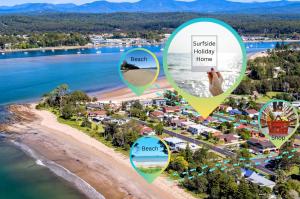 eine Sammlung von Bildern eines Strandes mit den Standorten von Häusern in der Unterkunft Surfside Holiday Home 100m Beach in Batemans Bay