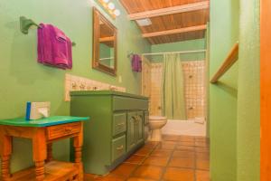 baño verde con aseo y lavamanos en Casa Benavides Inn en Taos