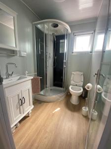 ein Bad mit einer Dusche, einem WC und einem Waschbecken in der Unterkunft Gite Le Panoramique in Dumbéa