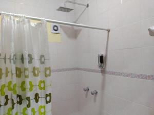 uma casa de banho com chuveiro e cortina de chuveiro em Facturamos Elegante depto. confort limpieza em Atlacomulco de Fabela