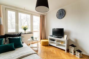 a living room with a couch and a tv and a clock at PiotrApartments II in Warsaw