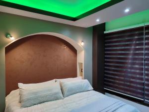 um quarto com uma cama grande e um tecto verde em Elegante departamento confortable em Atlacomulco de Fabela