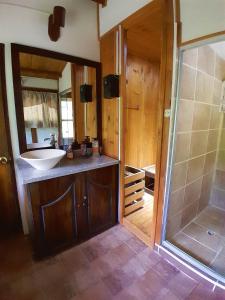 y baño con lavabo y ducha. en Casa Campo Valle De Cocora en Salento