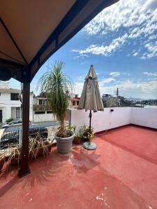 a patio with an umbrella and plants on a roof at Bugambilias 203 Oaxaca in Oaxaca City
