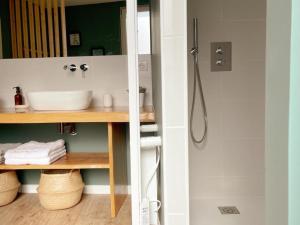 ein Badezimmer mit Waschbecken und Dusche in der Unterkunft Gîte tout confort pour 6-8 pers, cœur de village, parking privé, jardin clos, proche ZooParc de Beauval - FR-1-491-344 in Noyers-sur-Cher + 27 Fotos