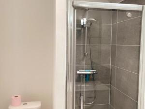 ein Badezimmer mit Dusche und Toilette in der Unterkunft Gîte tout confort près du Zoo de Beauval avec jardin, terrasses et équipements modernes - FR-1-491-356 in Noyers-sur-Cher