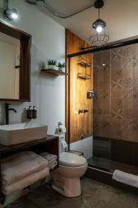 y baño con aseo, lavabo y ducha. en Selina Arequipa, en Arequipa