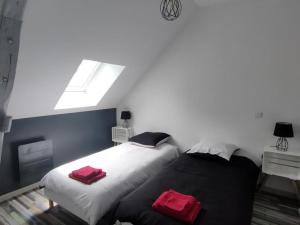 ein Schlafzimmer mit 2 Betten und roten Kissen darauf in der Unterkunft Gîte Prunay-Cassereau, 3 pièces, 4 personnes - FR-1-491-381 in Prunay-Cassereau