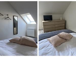twee foto's van een slaapkamer met een bed en een spiegel bij Gîte Avaray, 4 pièces, 6 personnes - FR-1-491-401 in Avaray