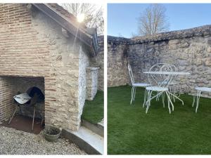 dos fotos de un edificio de piedra con una mesa y una silla en Gîte Avaray, 4 pièces, 6 personnes - FR-1-491-401, en Avaray