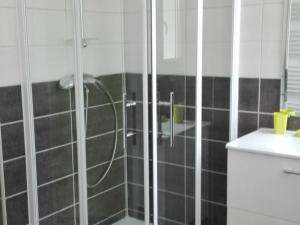 a bathroom with a shower with black and white tiles at Gîte confortable près de Chambord avec jardin et parking - FR-1-491-410 in Muides-sur-Loire +10 photos
