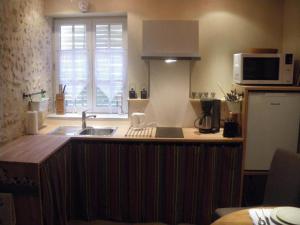 une cuisine avec un évier et un micro-ondes dans l'établissement Charmante maison avec jardin privatif, proche des Châteaux de la Loire, animaux acceptés - FR-1-491-422, à Monteaux