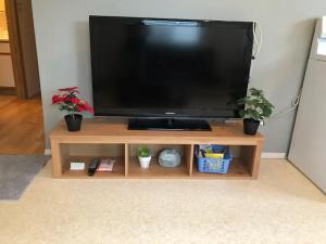 uma televisão de ecrã plano sentada num centro de entretenimento em madeira em Cozy 1 bedroom 1 bath guest suite in a house em Burnaby