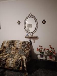 1 dormitorio con cama y espejo en la pared en Mistela Altos de Mendoza- Con Wifi- Con Servicio Gratuito al Aeropuerto o la Terminal- en Godoy Cruz