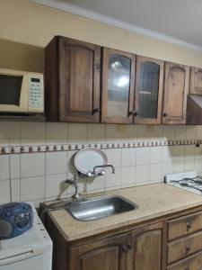 una cocina con fregadero y armarios de madera en Mistela Altos de Mendoza- Con Wifi- Con Servicio Gratuito al Aeropuerto o la Terminal- en Godoy Cruz