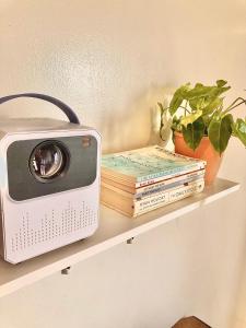 a radio on a shelf with books and a plant at Condo Glamping at Vinia in Manila