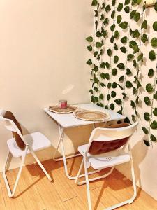 a table and two chairs in a room with a plant at Condo Glamping at Vinia in Manila