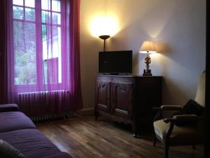 een woonkamer met een tv en een bank en een lamp bij Gîte Dhuizon, 6 pièces, 8 personnes - FR-1-491-436 in Dhuizon