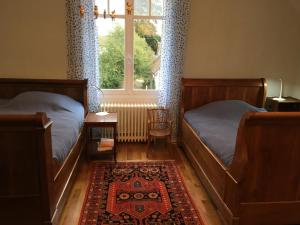 ein Schlafzimmer mit zwei Betten und einem Fenster in der Unterkunft Maison familiale rénovée, proche châteaux, grand jardin, 5 chambres, équipements inclus, animaux acceptés - FR-1-491-436 in Dhuizon