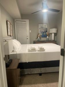 sypialnia z łóżkiem i wentylatorem sufitowym w obiekcie Apartment w mieście Dallas