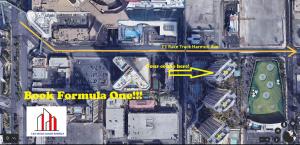 a map of a city with a red arrow and the words best formula o at MGM Signature-27-805 F1 Track & Strip View Balcony in Las Vegas