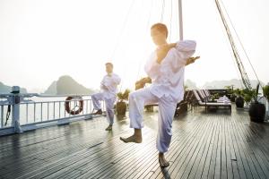 deux hommes en blanc faisant des arts martiaux sur un bateau dans l'établissement Hera Cruises Group on Ha Long Bay, à Hạ Long