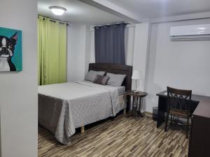 a bedroom with a bed and a table and a chair at Modern 2-bedroom, 2 bath unit close to Embassies in Georgetown