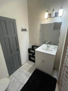 een badkamer met een wastafel, een spiegel en een toilet bij Beresford boutique in Kingston