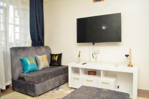 sala de estar con silla y TV de pantalla plana en Air BnB Holiday Rooms, en Nairobi