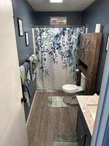 a bathroom with a toilet and a shower curtain at Retreat to my Contemporary Home in Morgantown